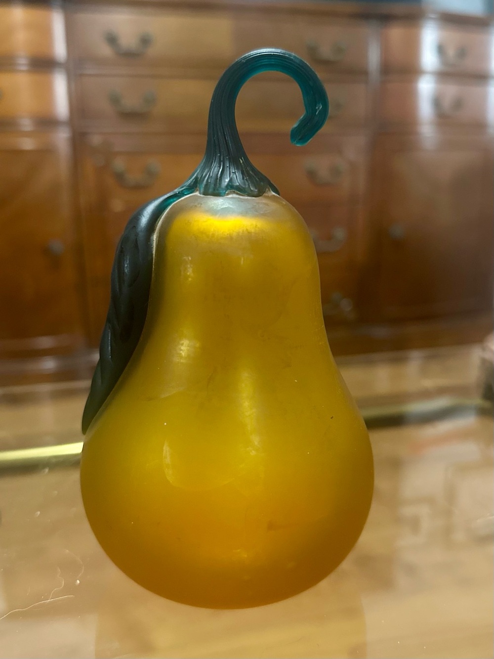 Yellow Glass Pear Sculpture with Green Stem - Decorative Home Art